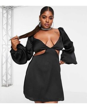 In The Style Plus X Yasmine Chanel Satin Cut Out Volume Sleeve Skater Dress - Black
