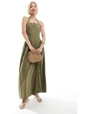 4th & Reckless Cotton Square Halterneck Hip Pleat Detail Maxi Dress - Green