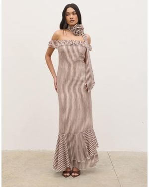 Pretty Lavish Off The Shoulder Ruffle Maxi Dress With Corsage Scarf - Brown