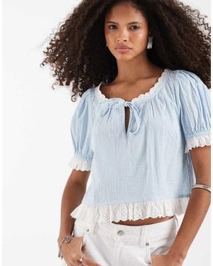 Neon Rose Short Sleeve Frilly Edges Top - Blue