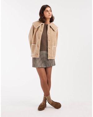 Miss Selfridge Blanket Stitch Borg Collar Detail Jacket - Natural