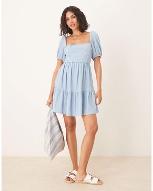 Gina Tricot Short Sleeve Tie Back Mini Summer Dress - Blue