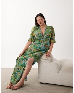 Hope & Ivy Plus Frill Sleeve Thigh Split Open Back Maxi Dress - Green