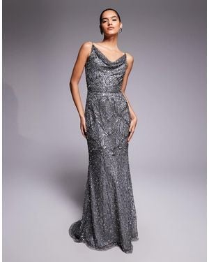 Beauut Vestido Largo De Tirantes Con Cuello Desbocado, Cola Y Diseño Adornado Con Cuentas De - Gris