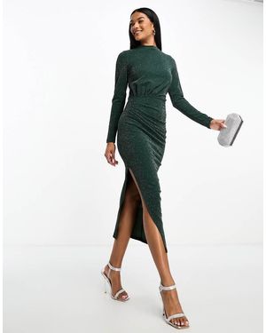 AX Paris Vestito Midi Fasciante Accollato Glitterato Con Spacco Sulla Coscia - Verde