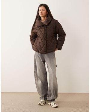 Vila High Neck Quilted Jacket With Tie Details - Brown