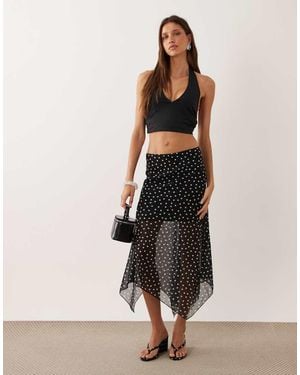 New Look Polka Dot Hanky Hem Mesh Midi Skirt - Natural