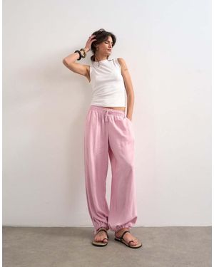 TOPSHOP Linen Blend Elasticated Waist Balloon Trousers - Pink