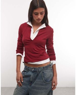 Weekday V-neck Three Quarter Length Sleeve Top - Red