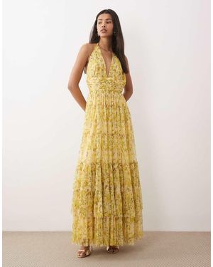 LACE & BEADS Halterneck Tiered Tulle Maxi Dress - Metallic