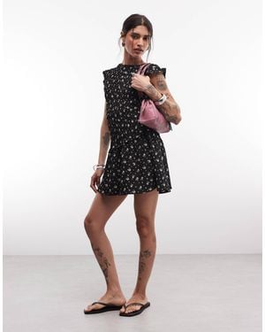 Daisy Street Shirred Ruffle Sleeve Mini Dress - Black