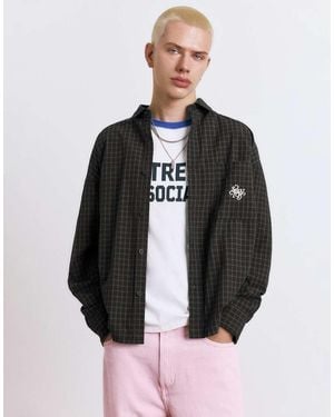 Pull&Bear Stwd Embroidered Plaid Shirt - Black