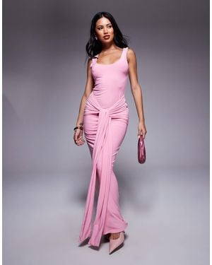 Kaiia Exclusivité - - robe longue double épaisseur près du corps nouée devant avec encolure dégagée et détail drapé - Rose