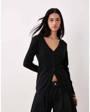 Calvin Klein Top De Manga Larga Con Botones Delanteros De Canalé De - Negro