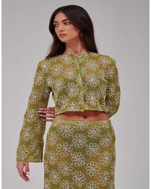 South Beach Crochet Floral Sequin Button Front Cardigan - Green
