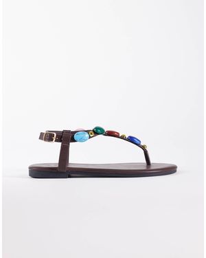 SEQWL Embellished Strappy Flat Sandals - Brown