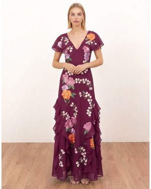 Maya Floral Embroidery Cape Sleeve Tie Back Maxi Dress - Pink