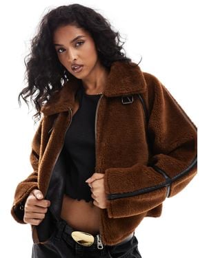 Pull&Bear Shearling Jacket With Faux Leather Seam Detail - Brown