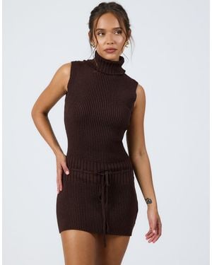 Aria Cove Ribbed Roll Neck Tie Waist Detail Sleeveless Mini Dress - Blue