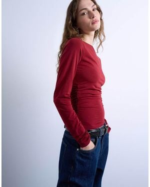 TOPSHOP Long Sleeve Ruched Slash Neck Top - Red