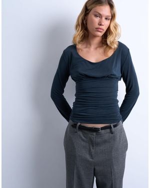 TOPSHOP Cupro Scoop Neck Long Sleeve Ruched Top - Blue