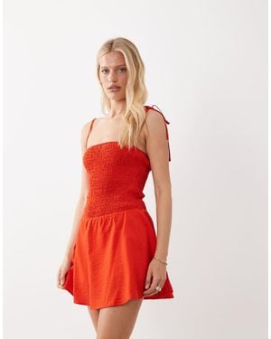 Vila Tie Shoulder Shir Mini Dress With Hidden Short - Red