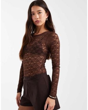 ASOS Lace Sheer Long Sleeve Bodysuit - Brown