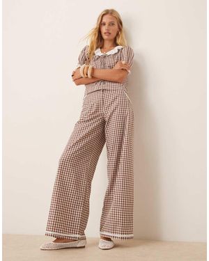 Neon Rose Wide Leg Gingham Trousers - Natural