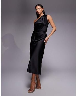 New Look Satijnen Midi Jurk Met Blote Schouder En Strik - Blauw