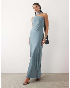TFNC London Vestido Largo De Satén Asimétrico Con Detalle De Pañuelo En - Azul