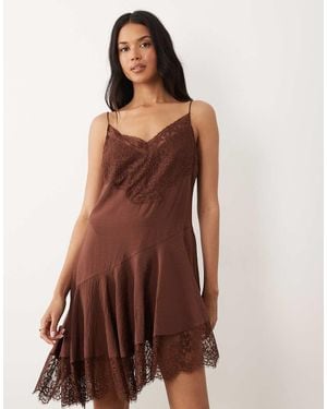 ASOS Slip Lace Trim Mini Dress With Asymmetric Hem - Brown