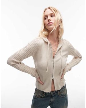 Mango Zip Through Knitted Hoodie - Natural