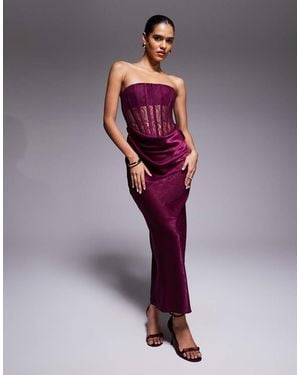 ASOS Lace Corset Detail Maxi Dress With Satin Draped Skirt - Red