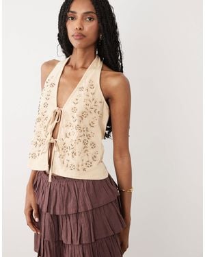 Miss Selfridge Embellished Tie Front Halter Top-neutral - Brown