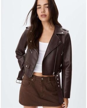Stradivarius Faux Leather Biker Jacket With Belt - Brown