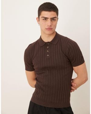 ASOS Muscle Fit Knitted Rib Polo T-shirt - Brown