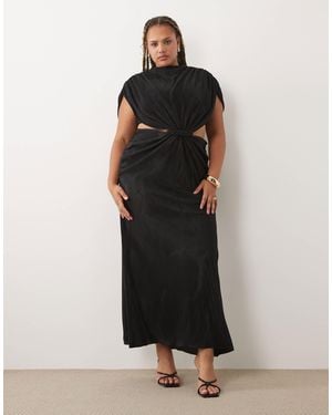 ASOS Curve Batwing Plait Ruched Waist Plisse Maxi Dress - Black