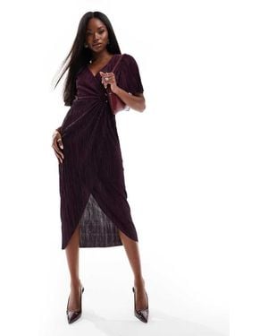 AX Paris Vestito Midi Avvolgente A Maniche Corte Plissé Prugna Con Anello - Viola