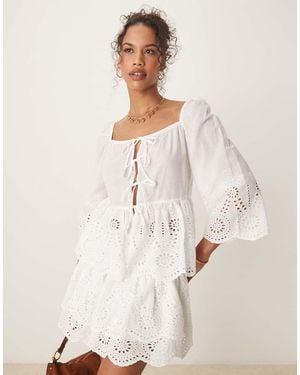 Glamorous Boho Lightweight Broderie Cutwork Tie Front Blouse - Natural