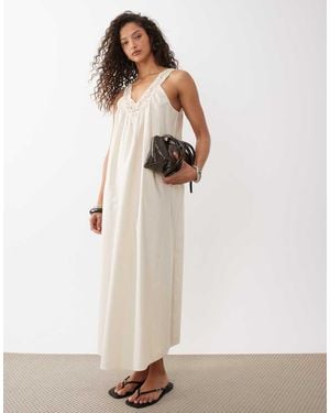 ASOS V Neck Smock Poplin Maxi Sundress With Lace Overlay - White