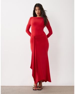 DASKA Sculpted Slinky Waist Drape Detail Maxi Dress - Red