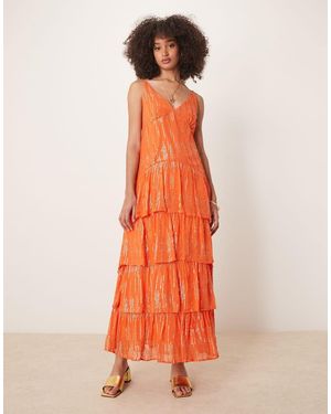Finding Friday Metallic Ruffle Strappy Shoulder Maxi Dress - Orange