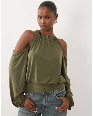 ASOS Slinky Cold Shoulder Blouson Top With Balloon Sleeves - Green