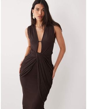 ASOS Plunge Neck Gather Detail Mesh Maxi Dress - Brown