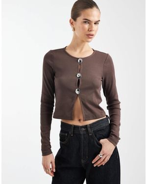 ONLY Long Sleeve Rib Top With Silver Button Detail - Brown