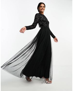 Maya Long Sleeve Maxi Tulle Dress With Tonal Delicate Sequin - Black
