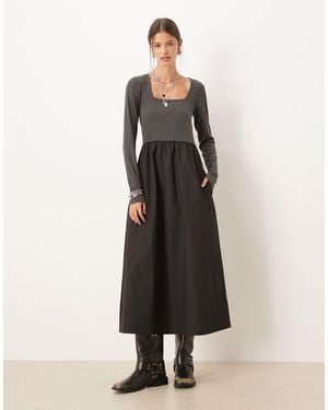 Threadbare Vestido Midi Gris De Manga Larga Con Cuello Cuadrado Y Falda Negra De Popelina En Contraste De - Multicolor