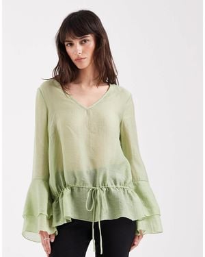 Aware Flared Sleeve V-Neck Top - Green