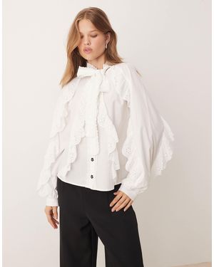 Sister Jane Broderie Trim Pussybow Shirt - White