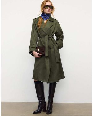 Stradivarius Long Faux Suede Trench Coat - Green